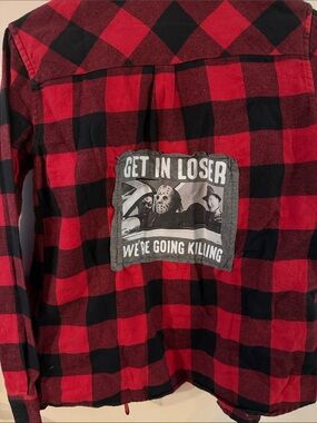 Red & Black Buffalo Plaid Button-Down Shirt with Graphic Patch